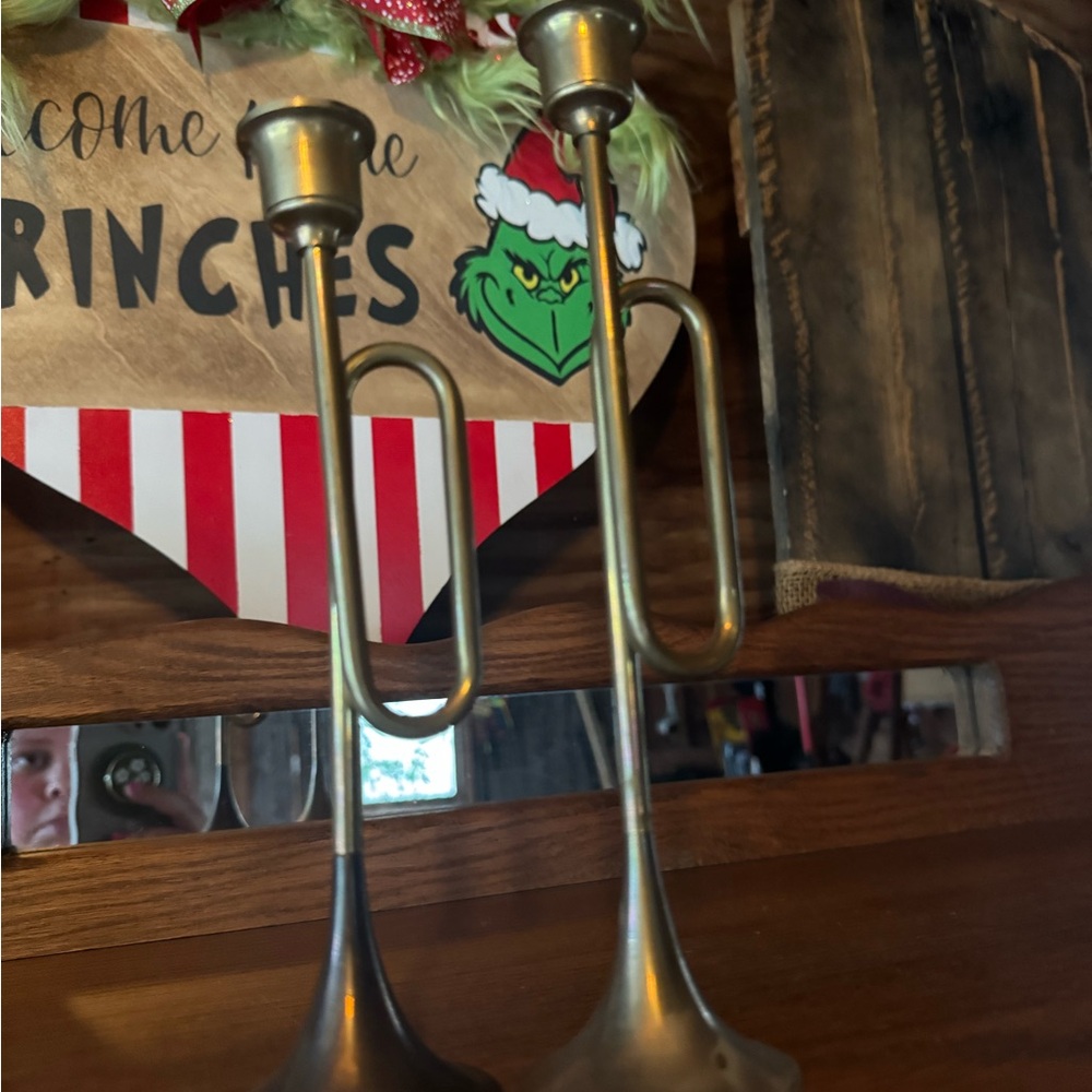 Vintage Brass Trumpet Candle Holders